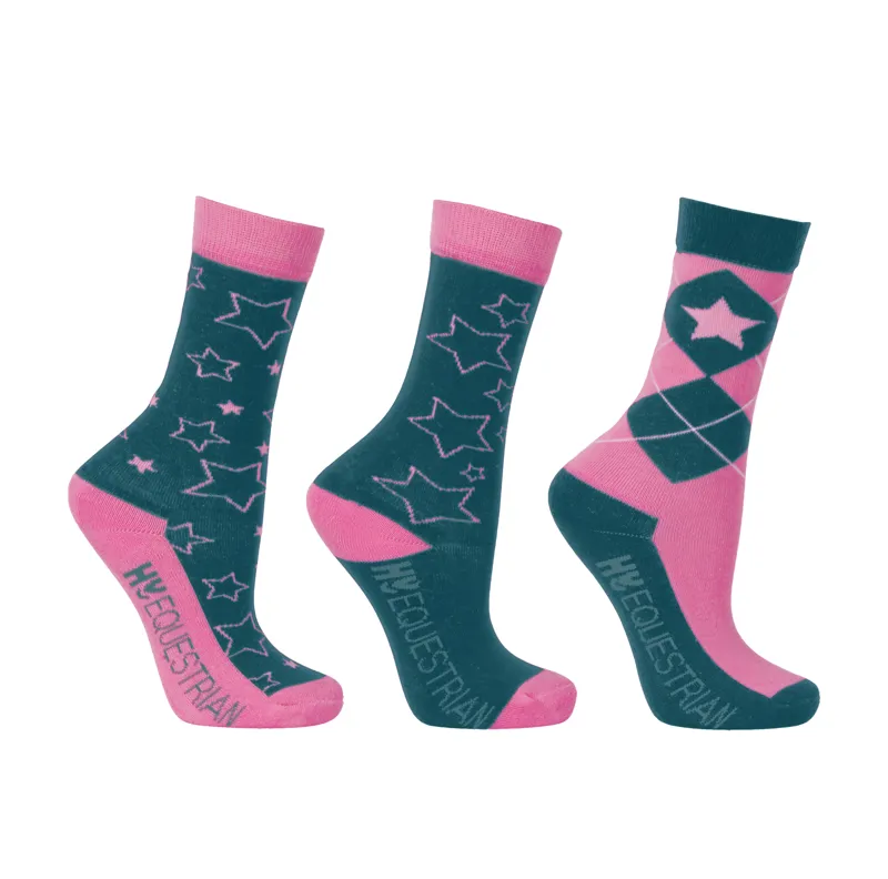 Hy Equestrian Stella Children's Socks - 3 Pack - Ink Blue/Pink